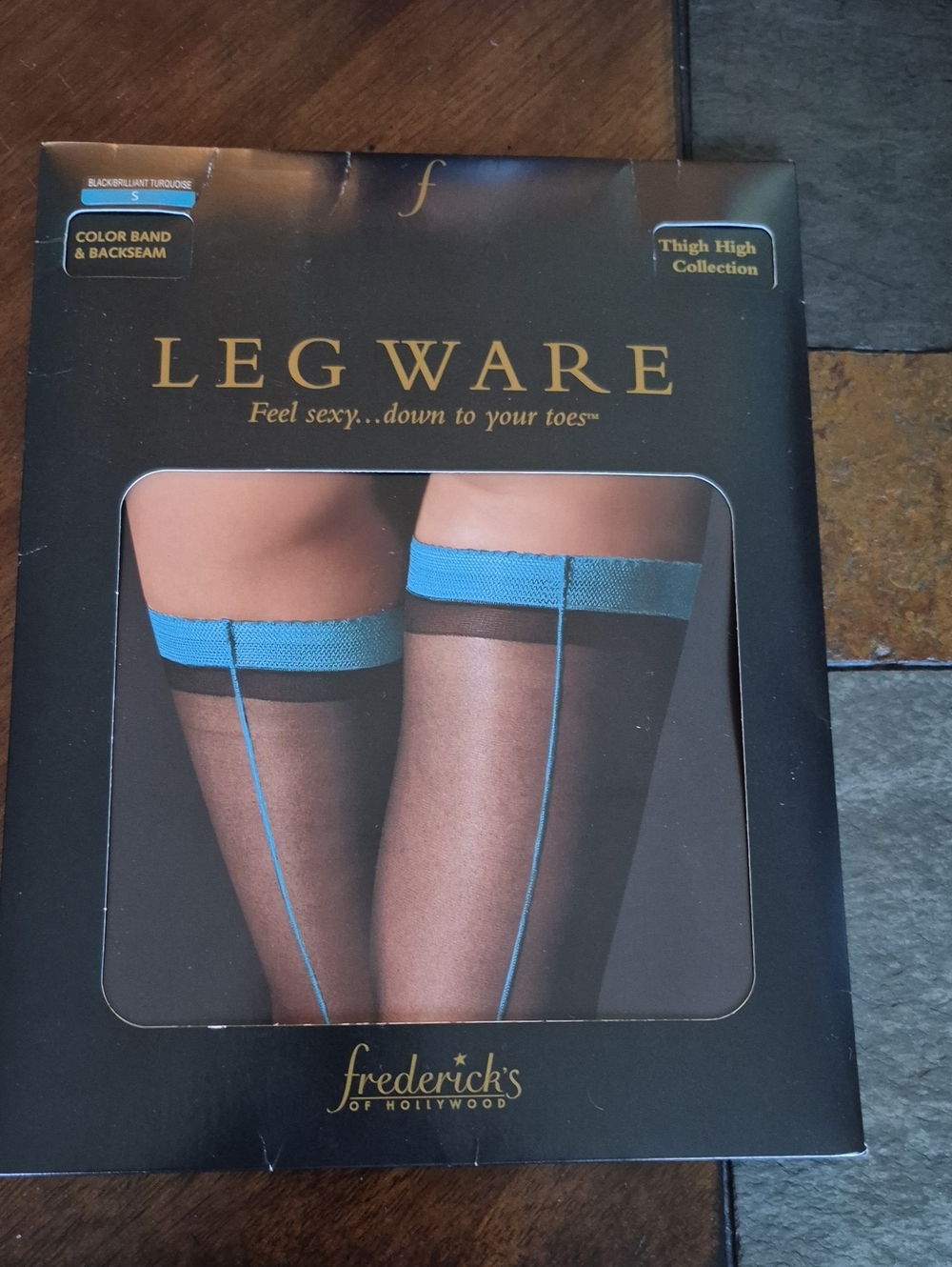 Frederick's of Hollywood Sheer Thigh Highs with Turquoise Band and Backseam